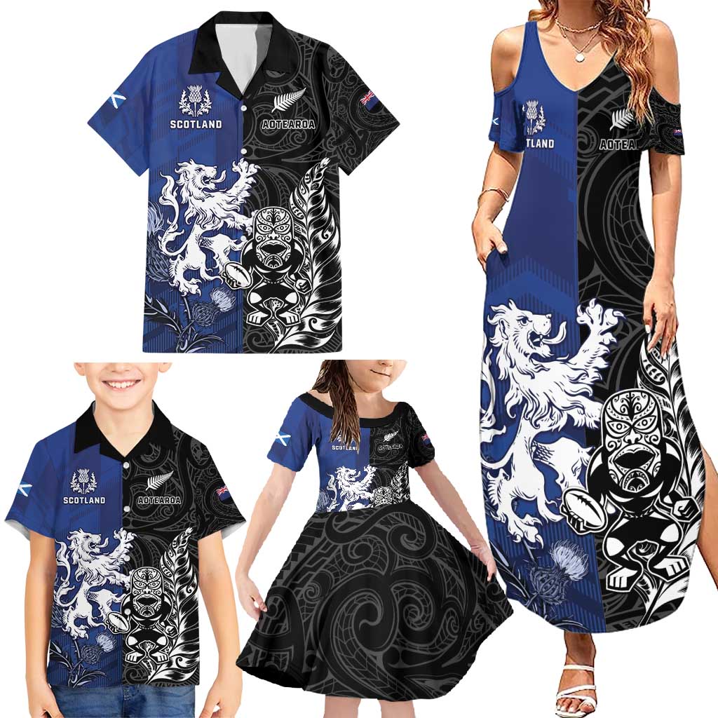 New Zealand And Scotland Rugby Custom Family Matching Summer Maxi Dress and Hawaiian Shirt Maori Tiki With Thistle Together LT05 - Polynesian Pride