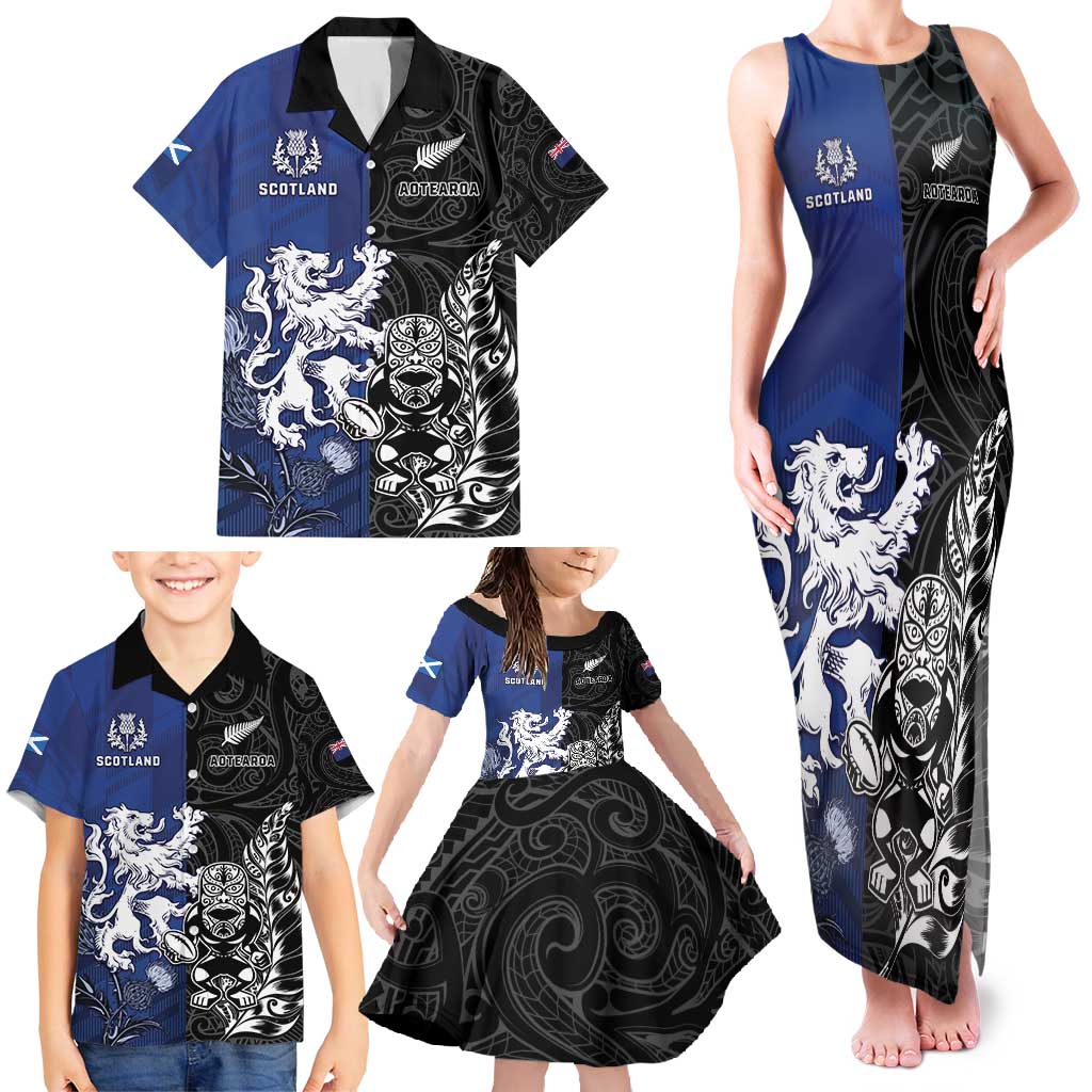 New Zealand And Scotland Rugby Custom Family Matching Tank Maxi Dress and Hawaiian Shirt Maori Tiki With Thistle Together LT05 - Polynesian Pride