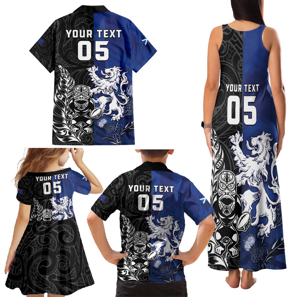 New Zealand And Scotland Rugby Custom Family Matching Tank Maxi Dress and Hawaiian Shirt Maori Tiki With Thistle Together LT05 - Polynesian Pride