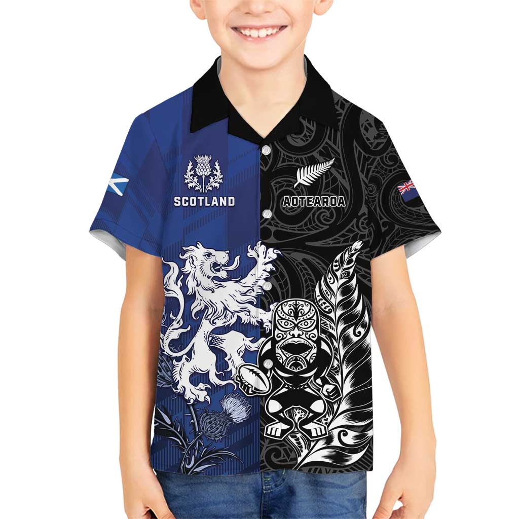 New Zealand And Scotland Rugby Custom Family Matching Tank Maxi Dress and Hawaiian Shirt Maori Tiki With Thistle Together LT05 Son's Shirt Black - Polynesian Pride
