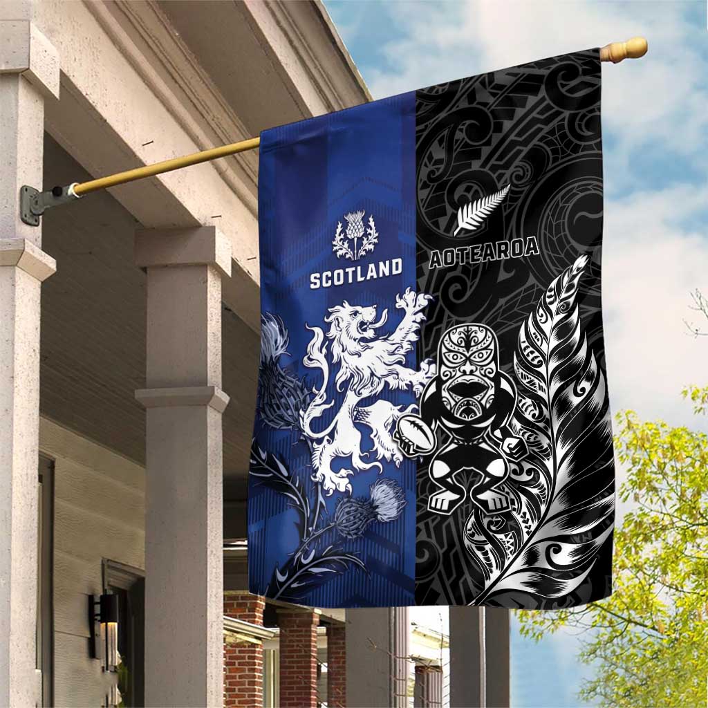 New Zealand And Scotland Rugby Garden Flag Maori Tiki With Thistle Together