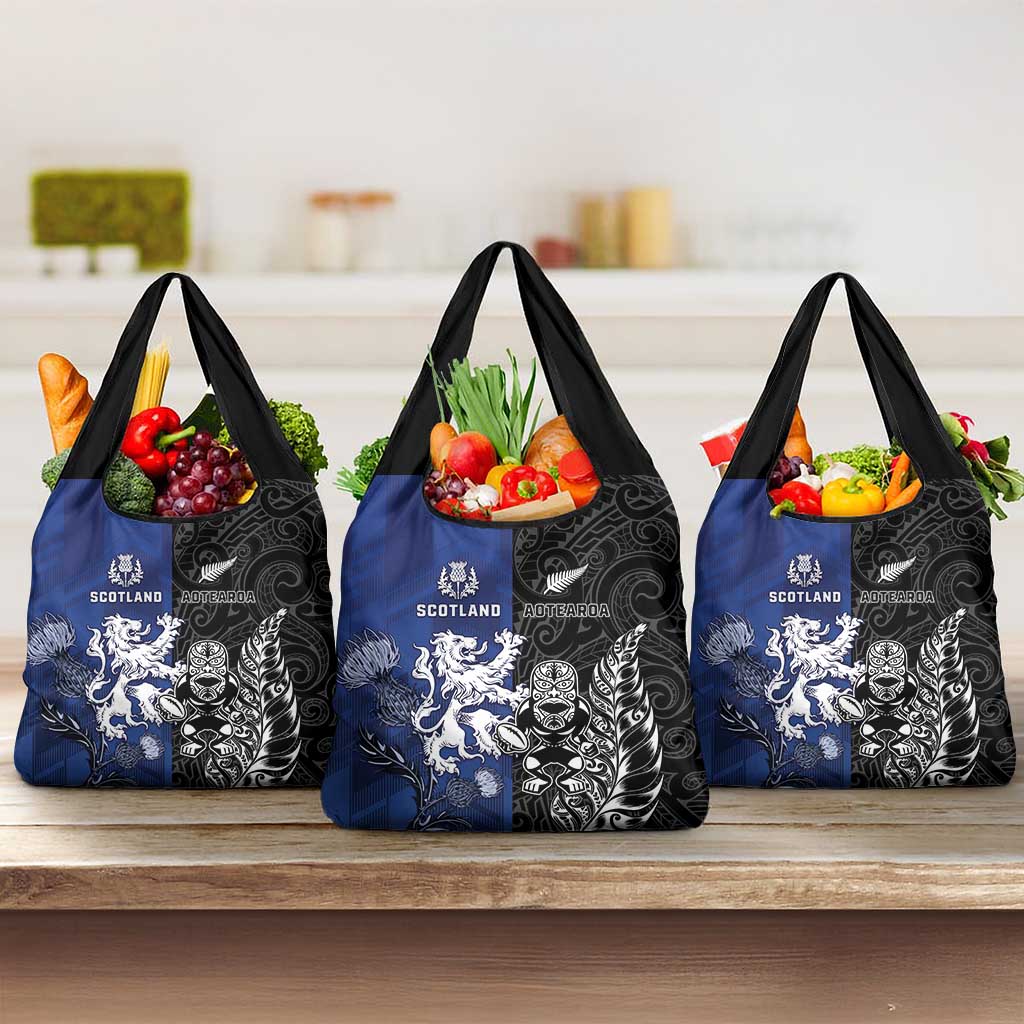 New Zealand And Scotland Rugby Grocery Bag Maori Tiki With Thistle Together