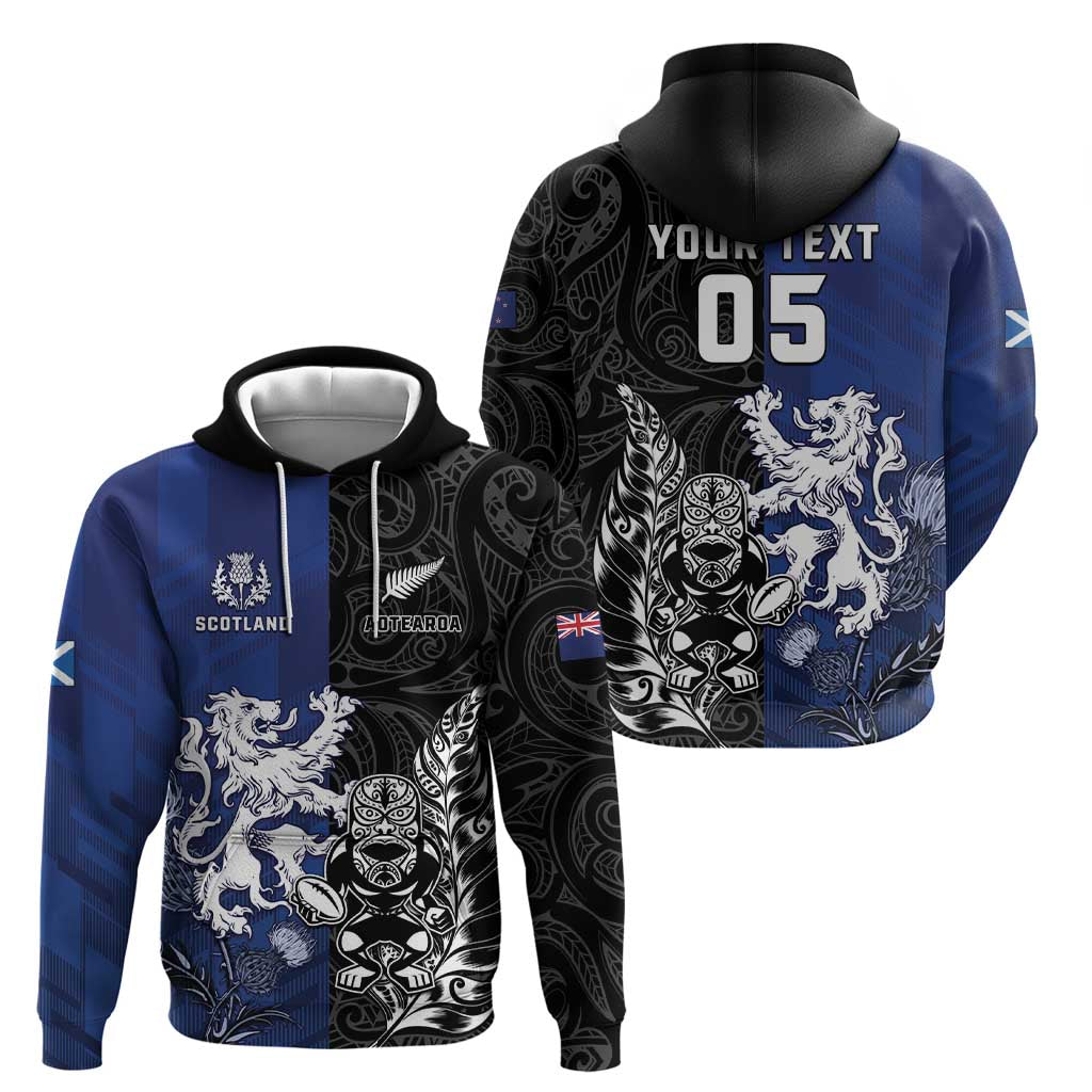 New Zealand And Scotland Rugby Custom Hoodie Maori Tiki With Thistle Together