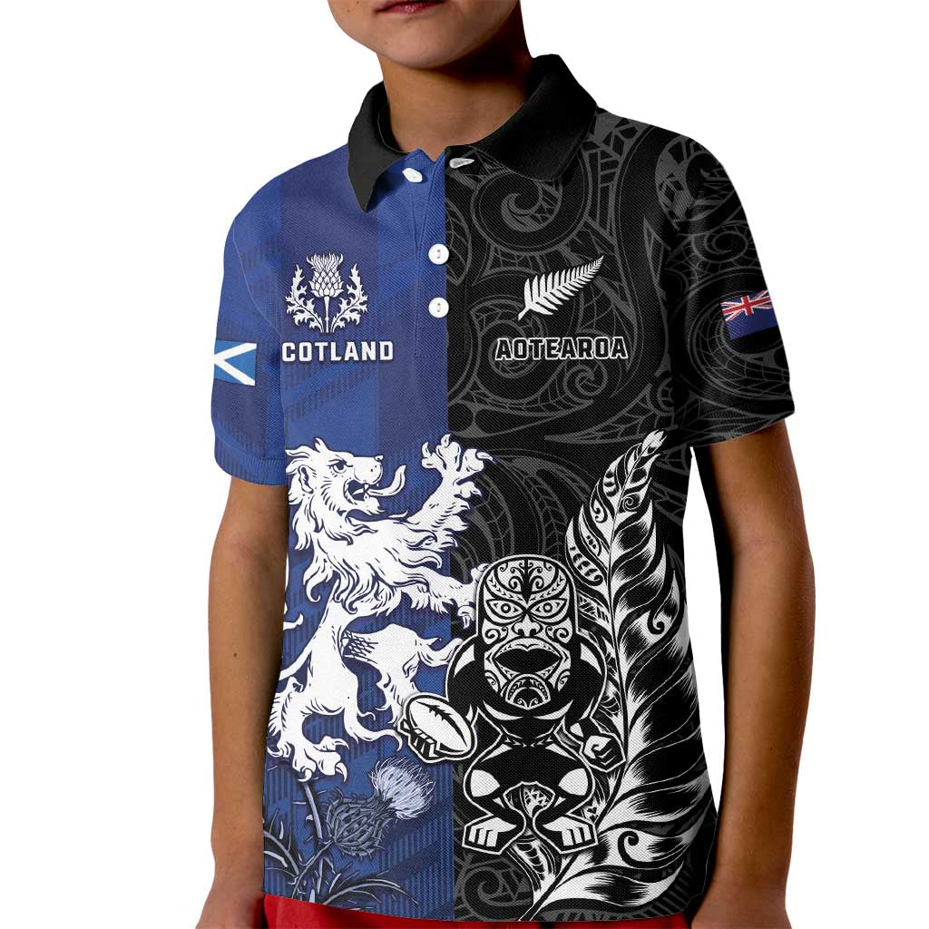New Zealand And Scotland Rugby Custom Kid Polo Shirt Maori Tiki With Thistle Together