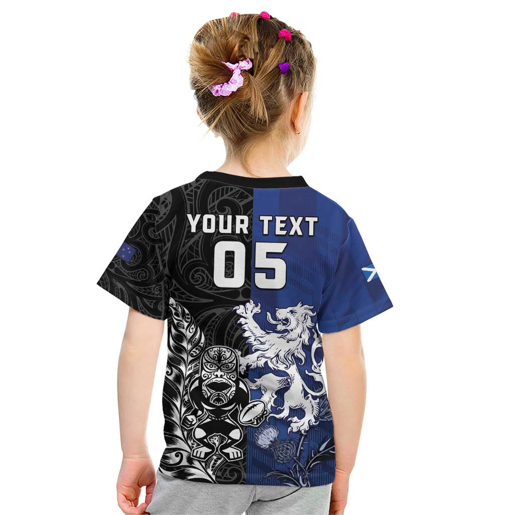 New Zealand And Scotland Rugby Custom Kid T Shirt Maori Tiki With Thistle Together