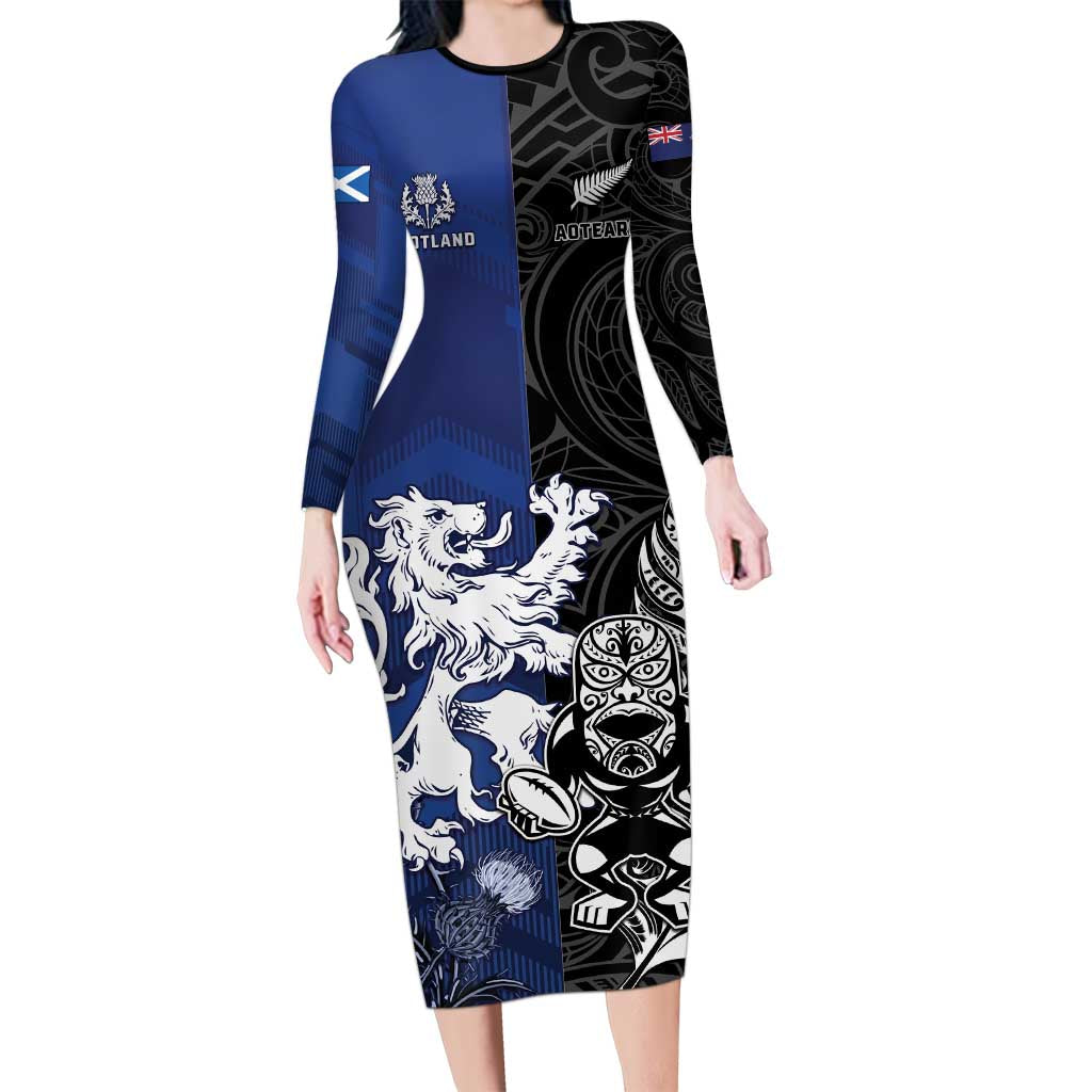 New Zealand And Scotland Rugby Custom Long Sleeve Bodycon Dress Maori Tiki With Thistle Together LT05 Long Dress Black - Polynesian Pride