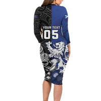 New Zealand And Scotland Rugby Custom Long Sleeve Bodycon Dress Maori Tiki With Thistle Together LT05 - Polynesian Pride