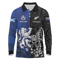 New Zealand And Scotland Rugby Custom Long Sleeve Polo Shirt Maori Tiki With Thistle Together LT05 Black - Polynesian Pride