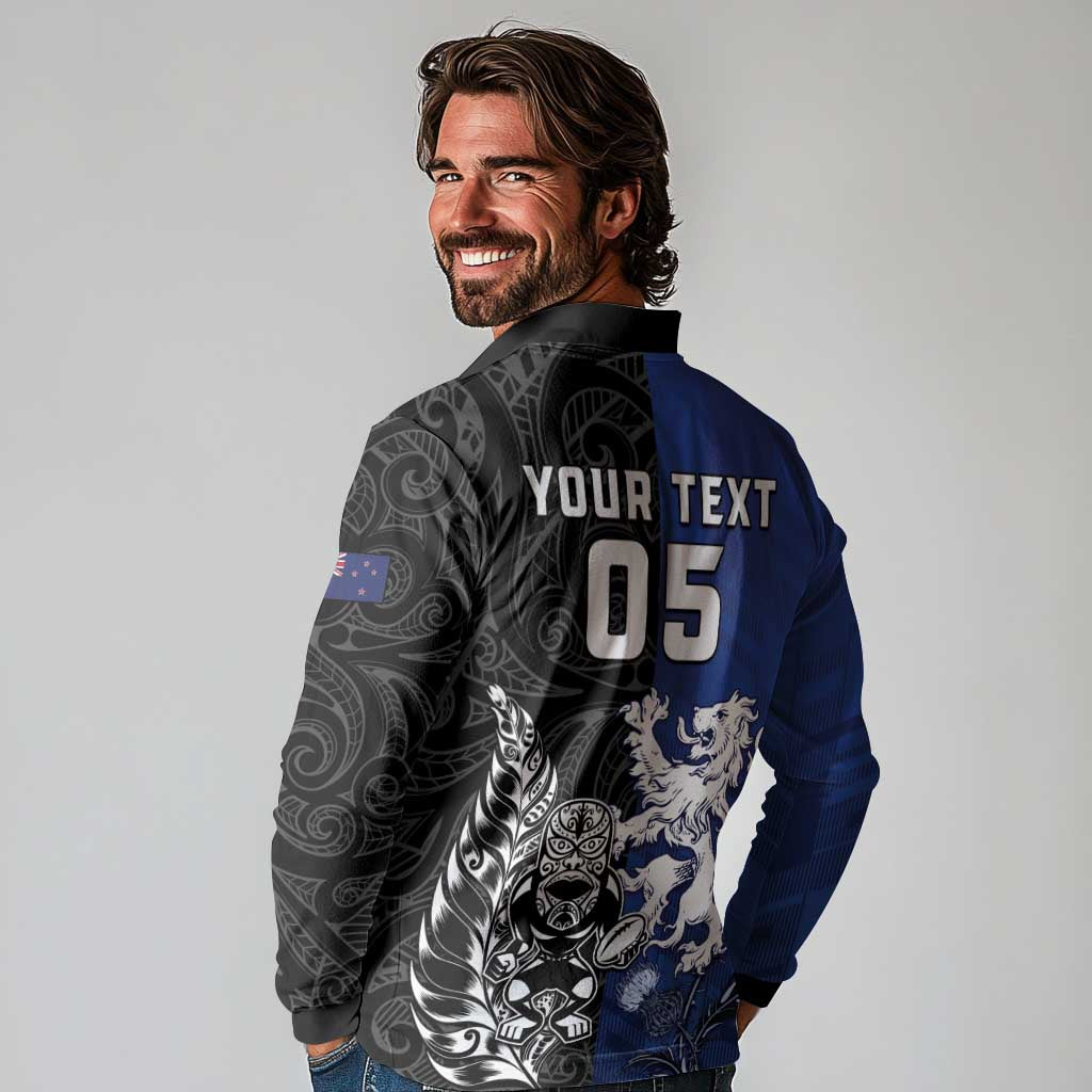 New Zealand And Scotland Rugby Custom Long Sleeve Polo Shirt Maori Tiki With Thistle Together LT05 - Polynesian Pride