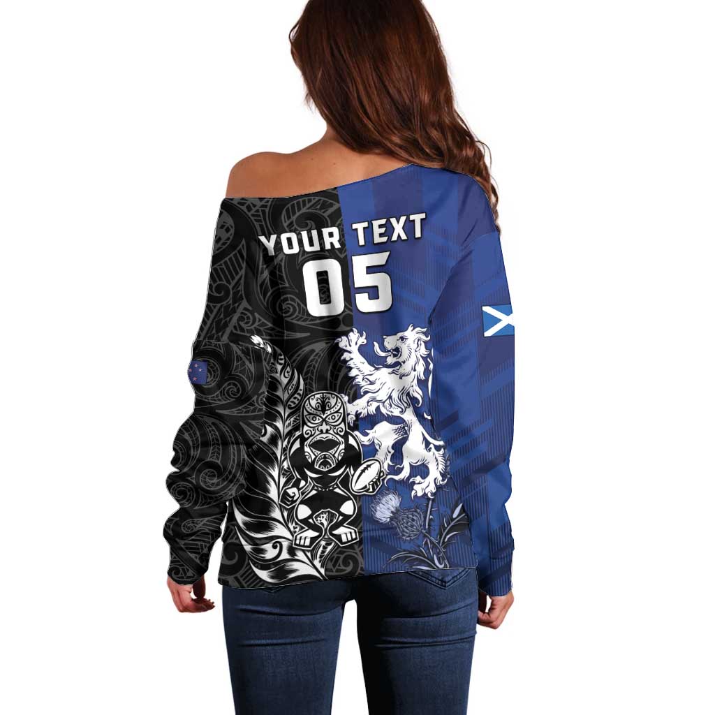 New Zealand And Scotland Rugby Custom Off Shoulder Sweater Maori Tiki With Thistle Together