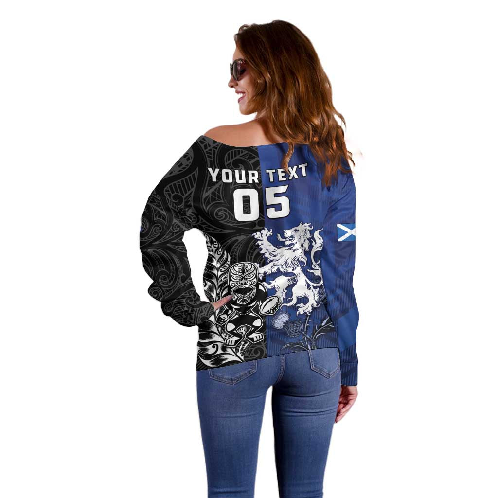 New Zealand And Scotland Rugby Custom Off Shoulder Sweater Maori Tiki With Thistle Together