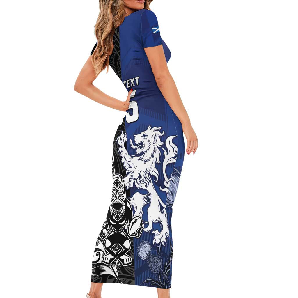 New Zealand And Scotland Rugby Custom Short Sleeve Bodycon Dress Maori Tiki With Thistle Together LT05 - Polynesian Pride