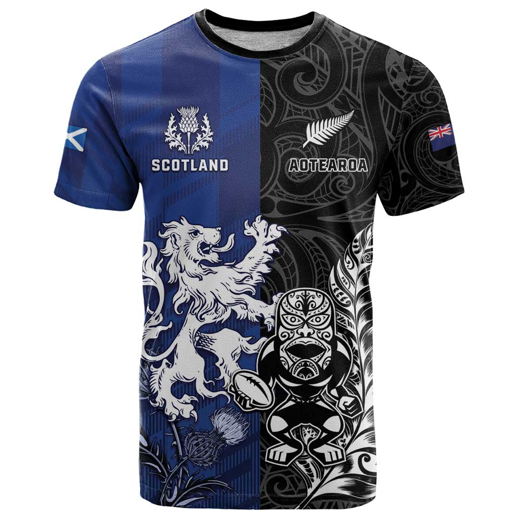 New Zealand And Scotland Rugby Custom T Shirt Maori Tiki With Thistle Together