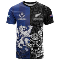 New Zealand And Scotland Rugby Custom T Shirt Maori Tiki With Thistle Together