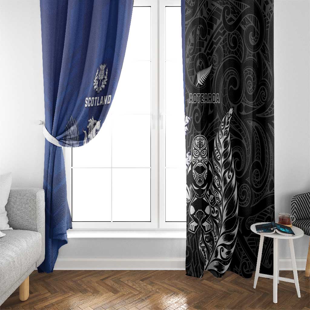 New Zealand And Scotland Rugby Window Curtain Maori Tiki With Thistle Together