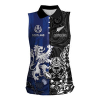 New Zealand And Scotland Rugby Custom Women Sleeveless Polo Shirt Maori Tiki With Thistle Together