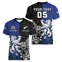 New Zealand And Scotland Rugby Custom Women V-Neck T-Shirt Maori Tiki With Thistle Together