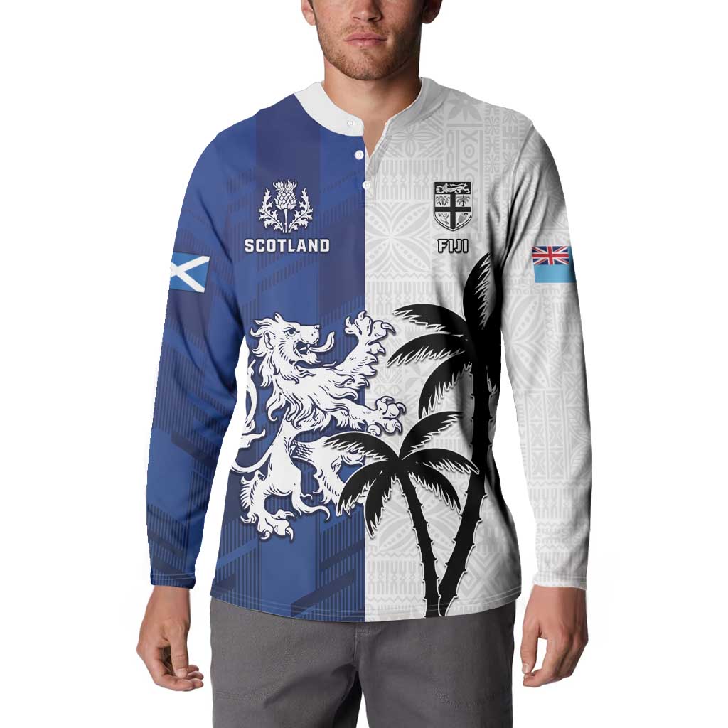 Fiji And Scotland Rugby Custom Button Sweatshirt Fijian Palm Tree With Thistle Together