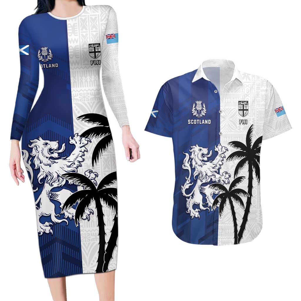Fiji And Scotland Rugby Custom Couples Matching Long Sleeve Bodycon Dress and Hawaiian Shirt Fijian Palm Tree With Thistle Together LT05 Blue - Polynesian Pride