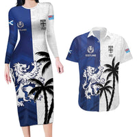 Fiji And Scotland Rugby Custom Couples Matching Long Sleeve Bodycon Dress and Hawaiian Shirt Fijian Palm Tree With Thistle Together LT05 Blue - Polynesian Pride