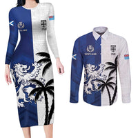 Fiji And Scotland Rugby Custom Couples Matching Long Sleeve Bodycon Dress and Long Sleeve Button Shirt Fijian Palm Tree With Thistle Together LT05 Blue - Polynesian Pride