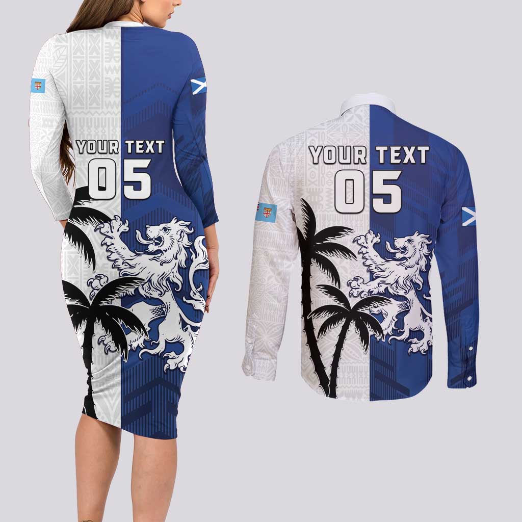Fiji And Scotland Rugby Custom Couples Matching Long Sleeve Bodycon Dress and Long Sleeve Button Shirt Fijian Palm Tree With Thistle Together LT05 - Polynesian Pride
