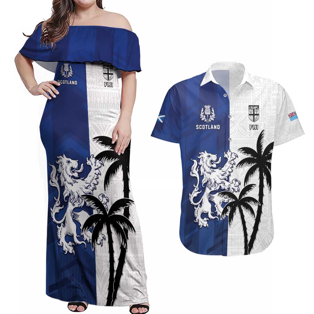 Fiji And Scotland Rugby Custom Couples Matching Off Shoulder Maxi Dress and Hawaiian Shirt Fijian Palm Tree With Thistle Together LT05 Blue - Polynesian Pride