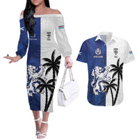 Fiji And Scotland Rugby Custom Couples Matching Off The Shoulder Long Sleeve Dress and Hawaiian Shirt Fijian Palm Tree With Thistle Together LT05 Blue - Polynesian Pride