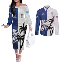 Fiji And Scotland Rugby Custom Couples Matching Off The Shoulder Long Sleeve Dress and Long Sleeve Button Shirt Fijian Palm Tree With Thistle Together LT05 Blue - Polynesian Pride