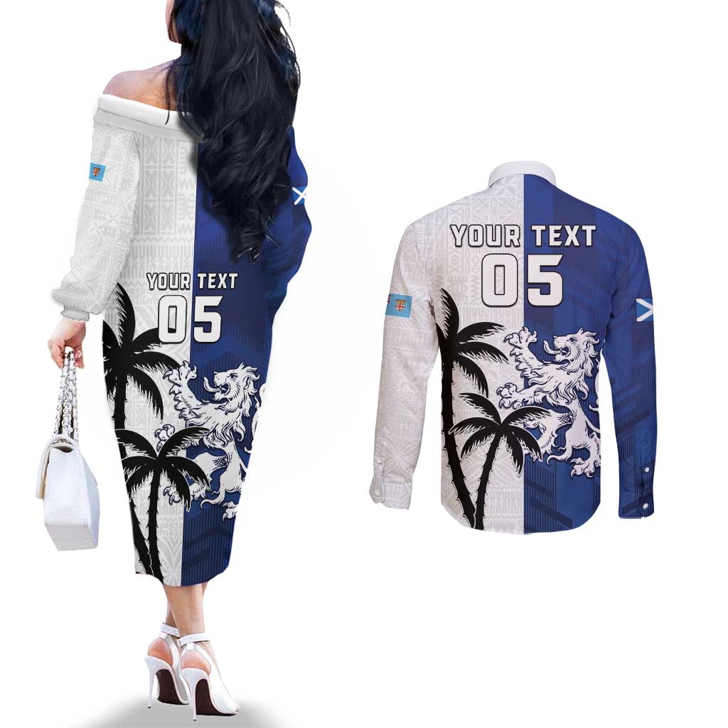 Fiji And Scotland Rugby Custom Couples Matching Off The Shoulder Long Sleeve Dress and Long Sleeve Button Shirt Fijian Palm Tree With Thistle Together LT05 - Polynesian Pride