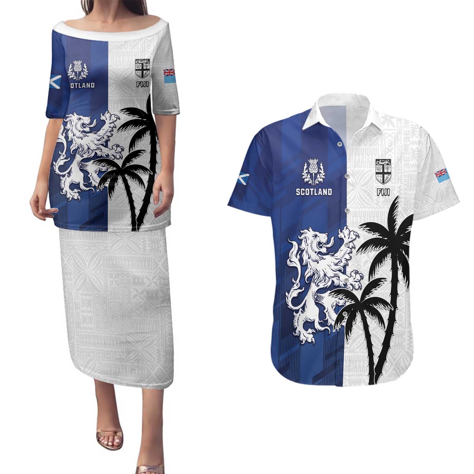 Fiji And Scotland Rugby Custom Couples Matching Puletasi and Hawaiian Shirt Fijian Palm Tree With Thistle Together