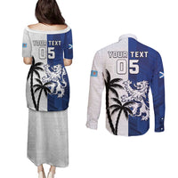 Fiji And Scotland Rugby Custom Couples Matching Puletasi and Long Sleeve Button Shirt Fijian Palm Tree With Thistle Together