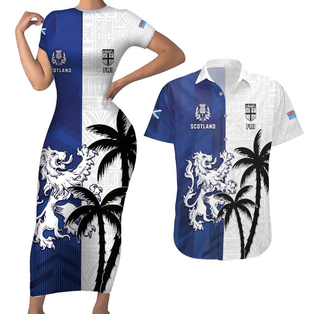 Fiji And Scotland Rugby Custom Couples Matching Short Sleeve Bodycon Dress and Hawaiian Shirt Fijian Palm Tree With Thistle Together LT05 Blue - Polynesian Pride