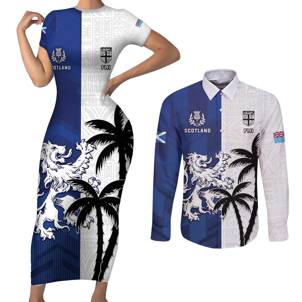 Fiji And Scotland Rugby Custom Couples Matching Short Sleeve Bodycon Dress and Long Sleeve Button Shirt Fijian Palm Tree With Thistle Together LT05 Blue - Polynesian Pride
