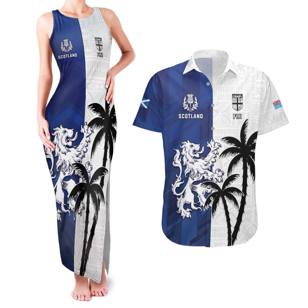 Fiji And Scotland Rugby Custom Couples Matching Tank Maxi Dress and Hawaiian Shirt Fijian Palm Tree With Thistle Together LT05 Blue - Polynesian Pride