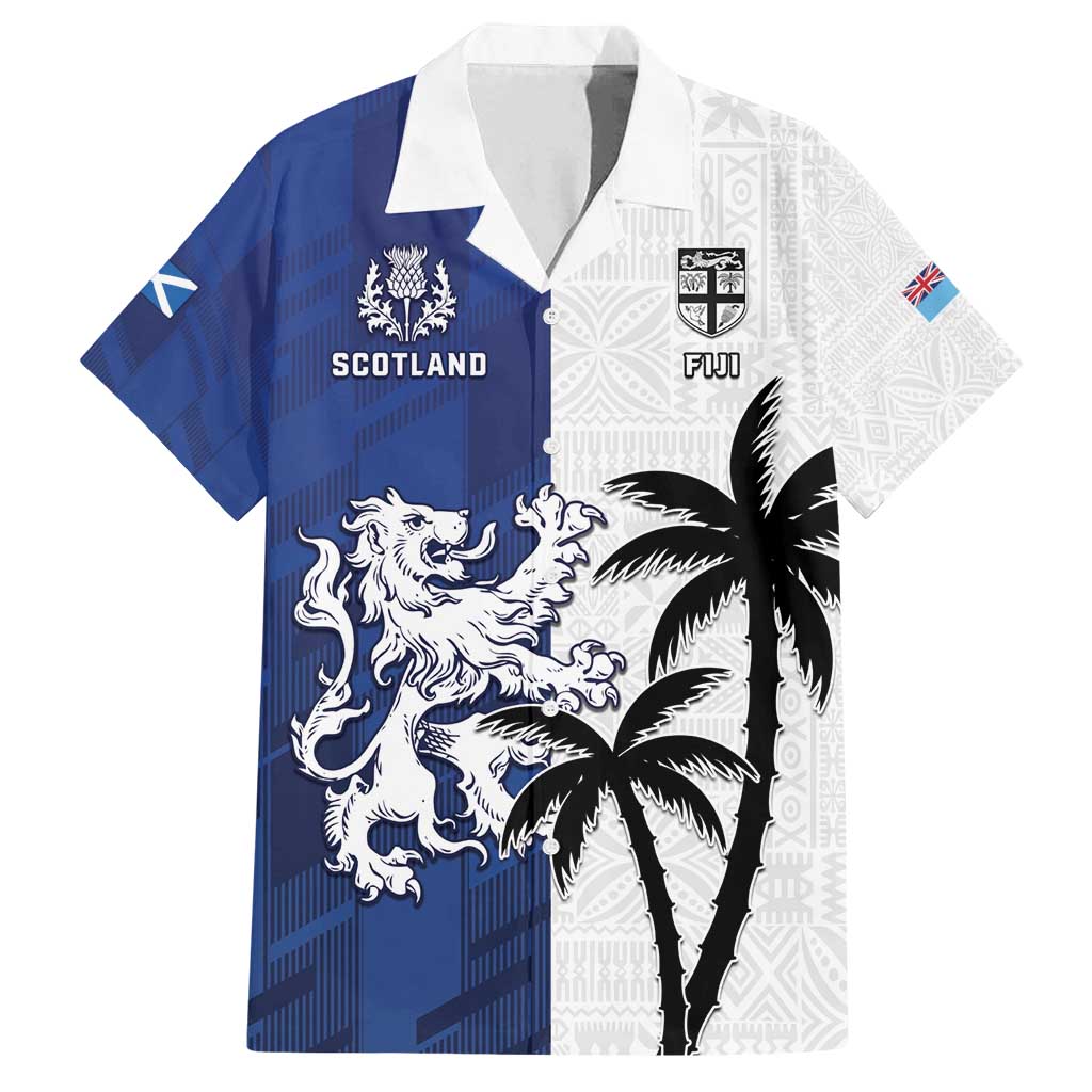 Fiji And Scotland Rugby Custom Family Matching Long Sleeve Bodycon Dress and Hawaiian Shirt Fijian Palm Tree With Thistle Together LT05 Dad's Shirt - Short Sleeve Blue - Polynesian Pride