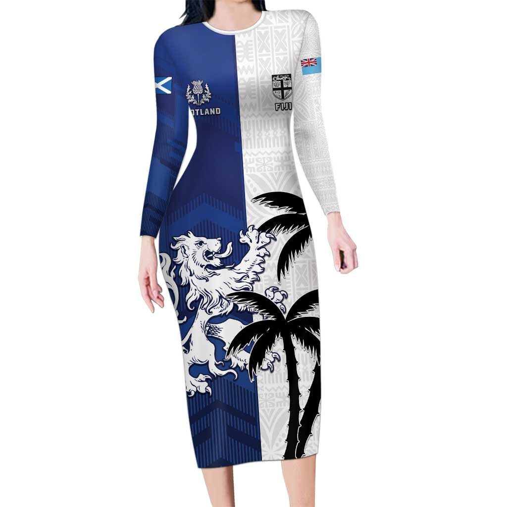 Fiji And Scotland Rugby Custom Family Matching Long Sleeve Bodycon Dress and Hawaiian Shirt Fijian Palm Tree With Thistle Together LT05 Mom's Dress Blue - Polynesian Pride