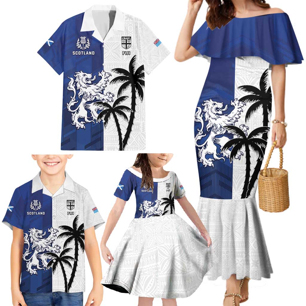 Fiji And Scotland Rugby Custom Family Matching Mermaid Dress and Hawaiian Shirt Fijian Palm Tree With Thistle Together LT05 - Polynesian Pride
