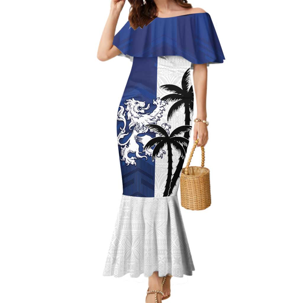 Fiji And Scotland Rugby Custom Family Matching Mermaid Dress and Hawaiian Shirt Fijian Palm Tree With Thistle Together LT05 Mom's Dress Blue - Polynesian Pride