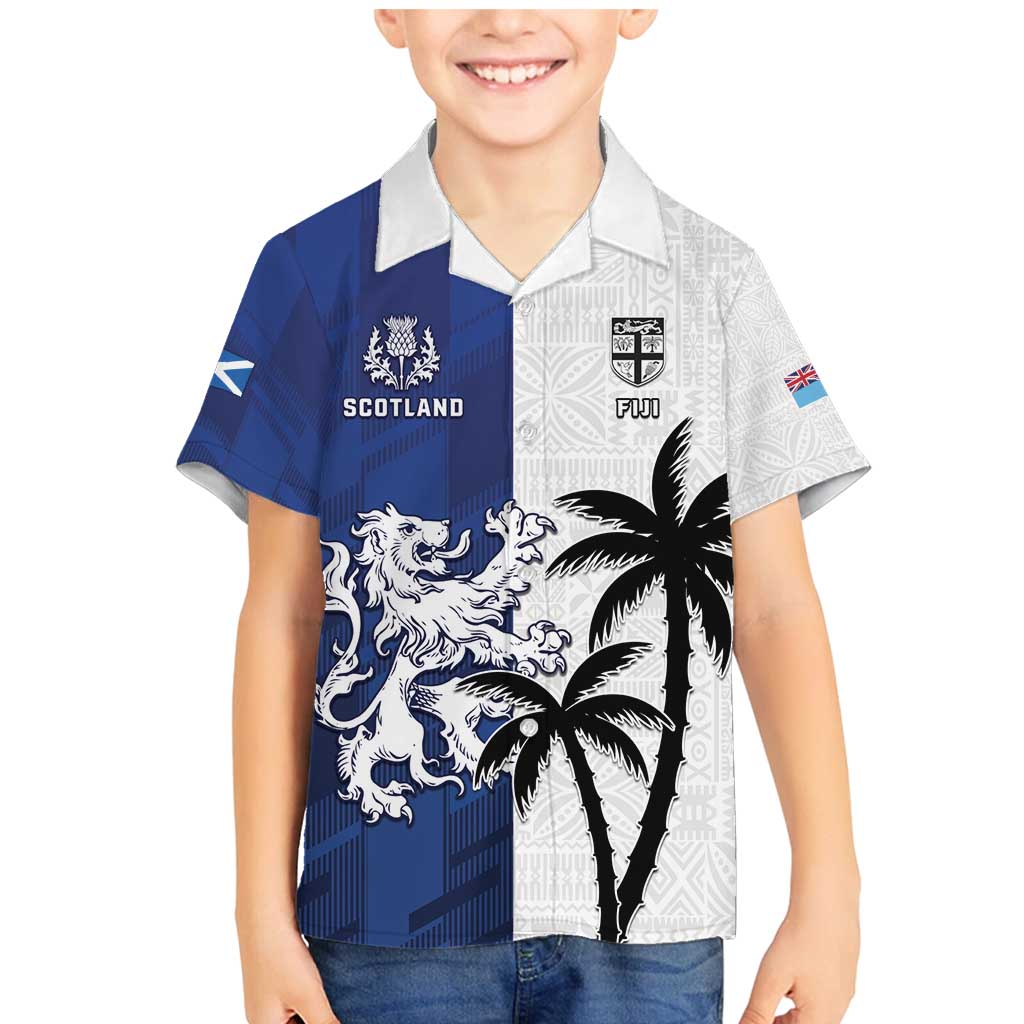 Fiji And Scotland Rugby Custom Family Matching Mermaid Dress and Hawaiian Shirt Fijian Palm Tree With Thistle Together LT05 Son's Shirt Blue - Polynesian Pride