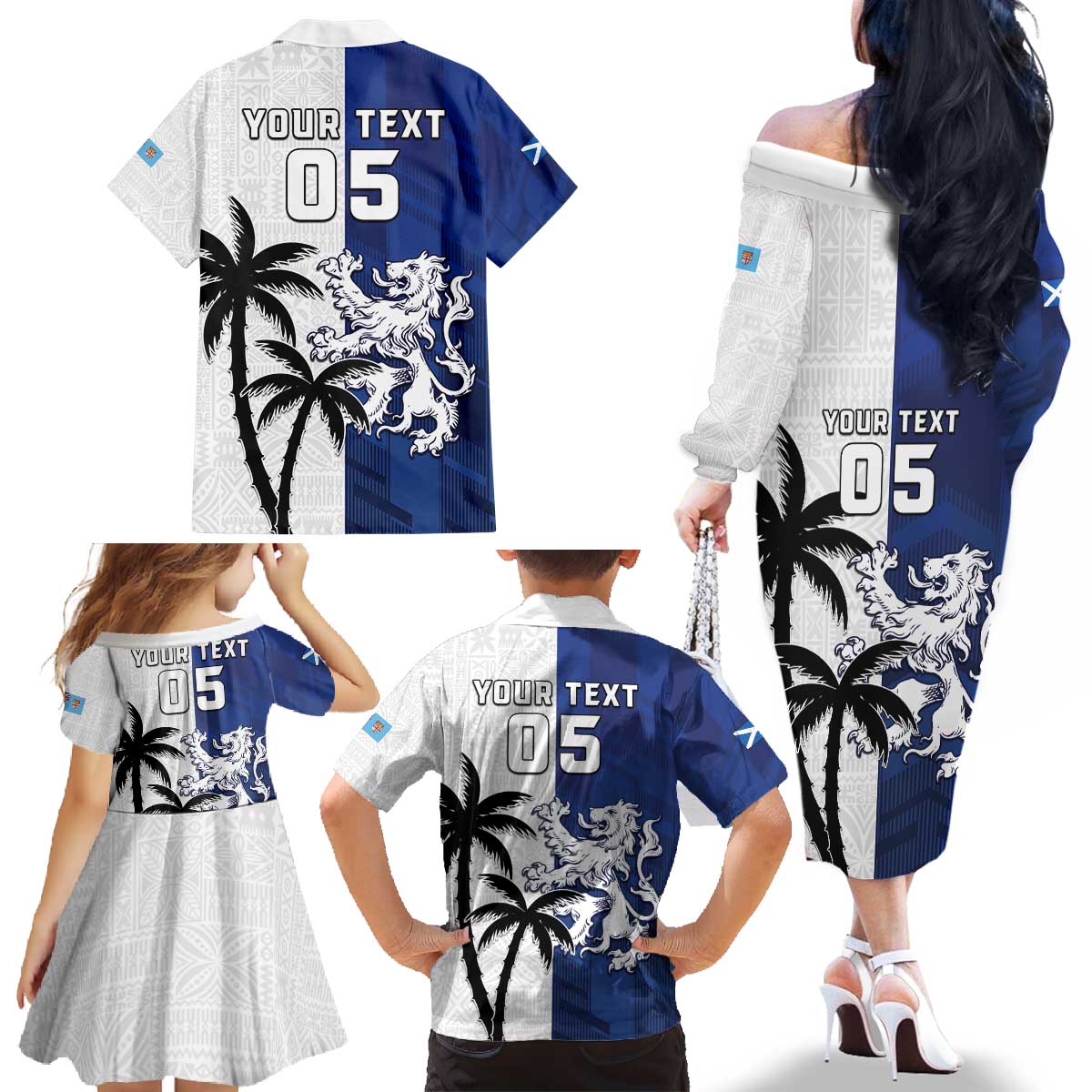 Fiji And Scotland Rugby Custom Family Matching Off The Shoulder Long Sleeve Dress and Hawaiian Shirt Fijian Palm Tree With Thistle Together LT05 - Polynesian Pride