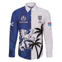 Fiji And Scotland Rugby Custom Family Matching Off The Shoulder Long Sleeve Dress and Hawaiian Shirt Fijian Palm Tree With Thistle Together LT05 Dad's Shirt - Long Sleeve Blue - Polynesian Pride