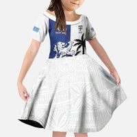 Fiji And Scotland Rugby Custom Family Matching Off Shoulder Maxi Dress and Hawaiian Shirt Fijian Palm Tree With Thistle Together LT05 Daughter's Dress Blue - Polynesian Pride