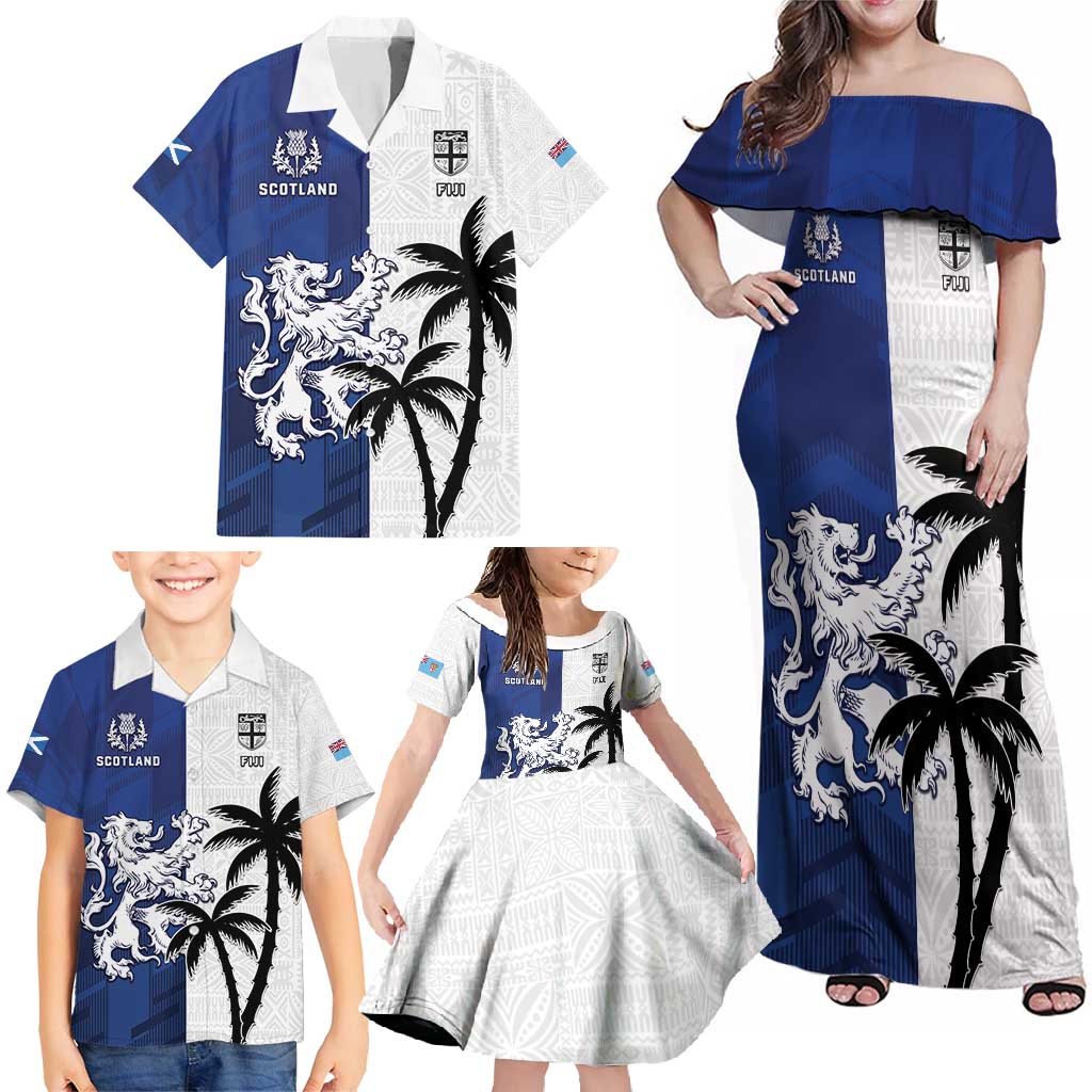 Fiji And Scotland Rugby Custom Family Matching Off Shoulder Maxi Dress and Hawaiian Shirt Fijian Palm Tree With Thistle Together LT05 - Polynesian Pride