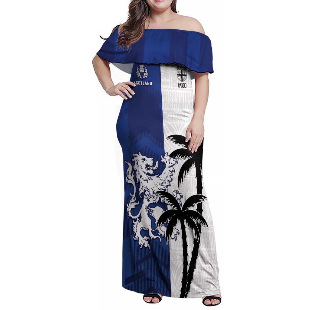Fiji And Scotland Rugby Custom Family Matching Off Shoulder Maxi Dress and Hawaiian Shirt Fijian Palm Tree With Thistle Together LT05 Mom's Dress Blue - Polynesian Pride