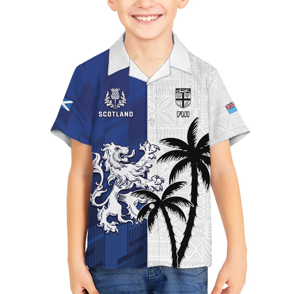 Fiji And Scotland Rugby Custom Family Matching Off Shoulder Maxi Dress and Hawaiian Shirt Fijian Palm Tree With Thistle Together LT05 Son's Shirt Blue - Polynesian Pride