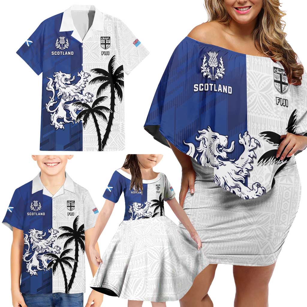Fiji And Scotland Rugby Custom Family Matching Off Shoulder Short Dress and Hawaiian Shirt Fijian Palm Tree With Thistle Together LT05 - Polynesian Pride