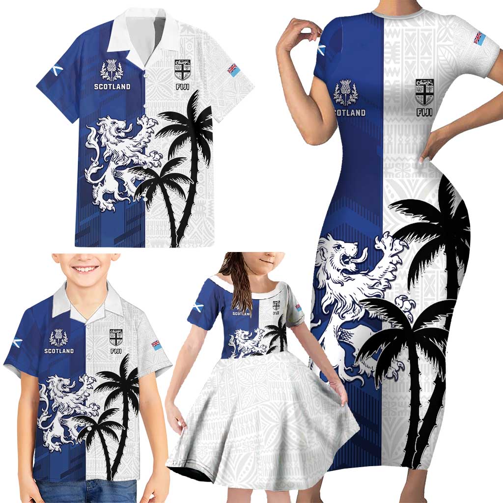 Fiji And Scotland Rugby Custom Family Matching Short Sleeve Bodycon Dress and Hawaiian Shirt Fijian Palm Tree With Thistle Together LT05 - Polynesian Pride