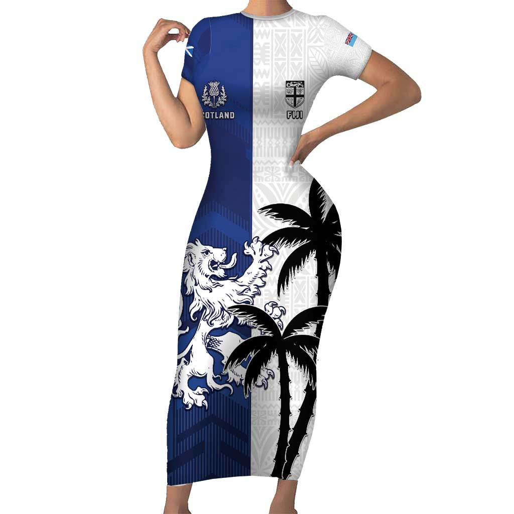 Fiji And Scotland Rugby Custom Family Matching Short Sleeve Bodycon Dress and Hawaiian Shirt Fijian Palm Tree With Thistle Together LT05 Mom's Dress Blue - Polynesian Pride
