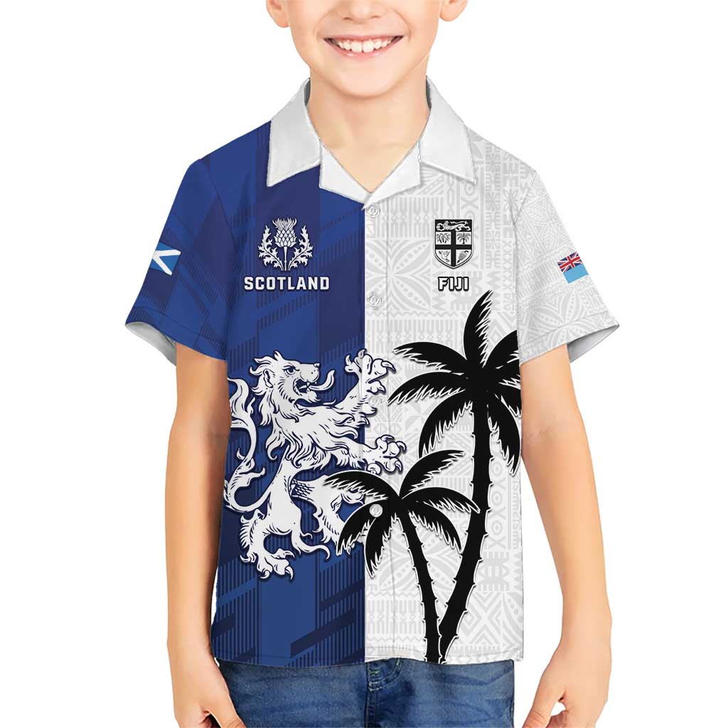 Fiji And Scotland Rugby Custom Family Matching Short Sleeve Bodycon Dress and Hawaiian Shirt Fijian Palm Tree With Thistle Together LT05 Son's Shirt Blue - Polynesian Pride